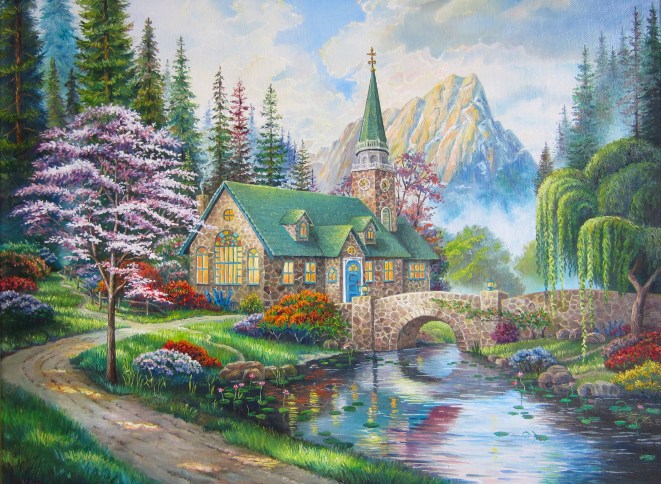 Original oil painting The Church in the forest